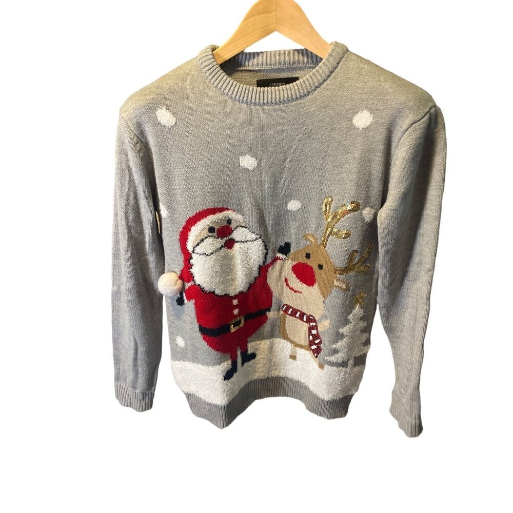 Forever 21 Santa Clause Gray Pullover Holiday Crew Neck Sweater Sz S